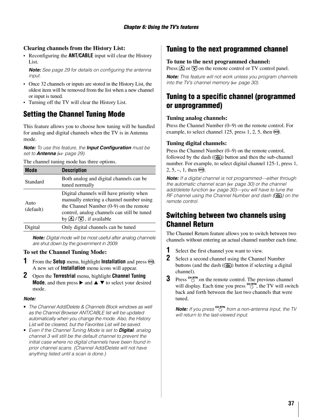 Toshiba 22AV500U owner manual Setting the Channel Tuning Mode, Tuning to the next programmed channel 