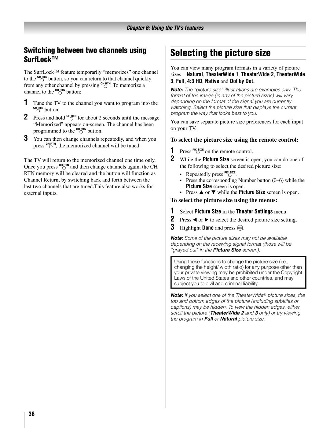 Toshiba 22AV500U owner manual Selecting the picture size, Switching between two channels using SurfLock 