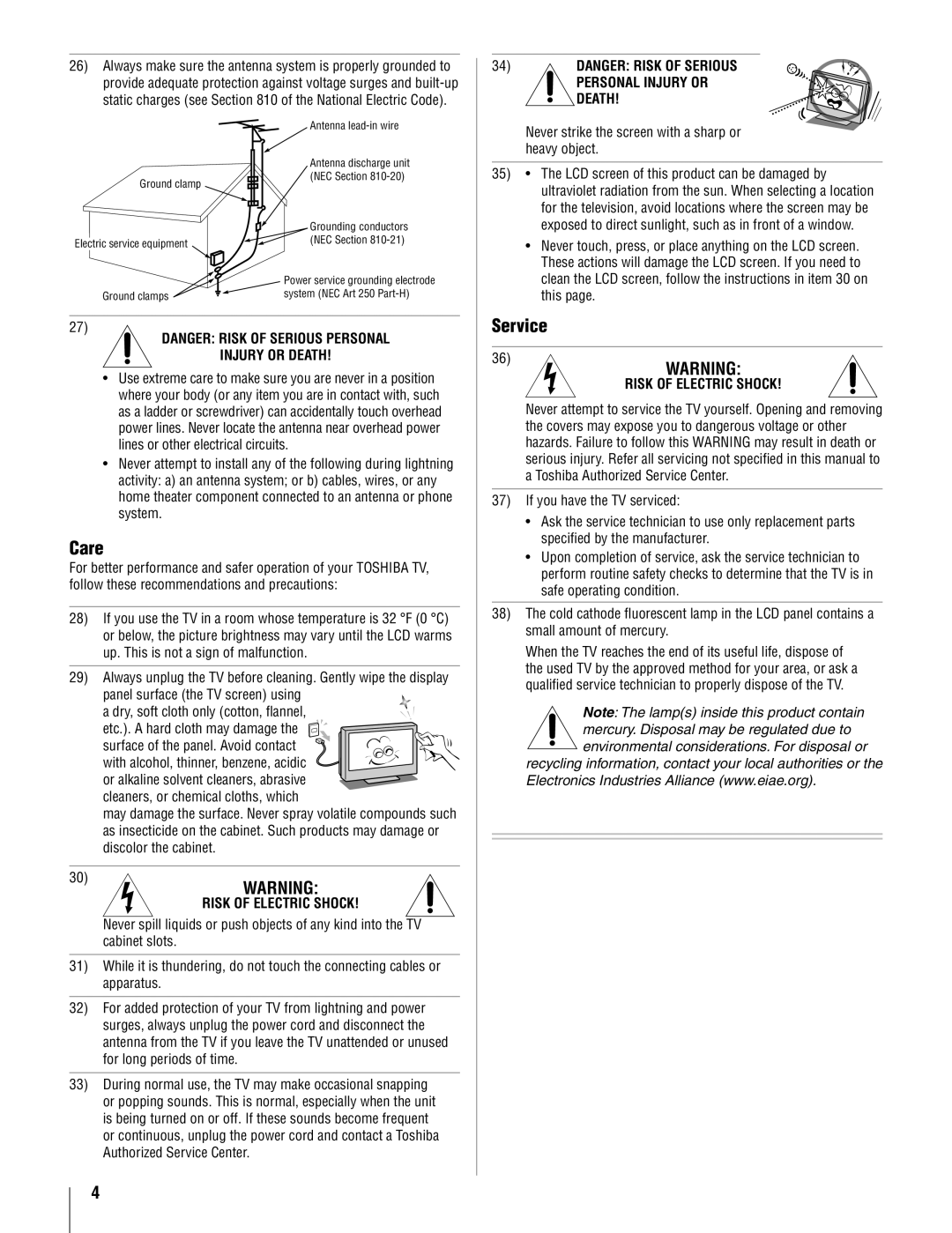 Toshiba 22AV500U owner manual Care, Service 