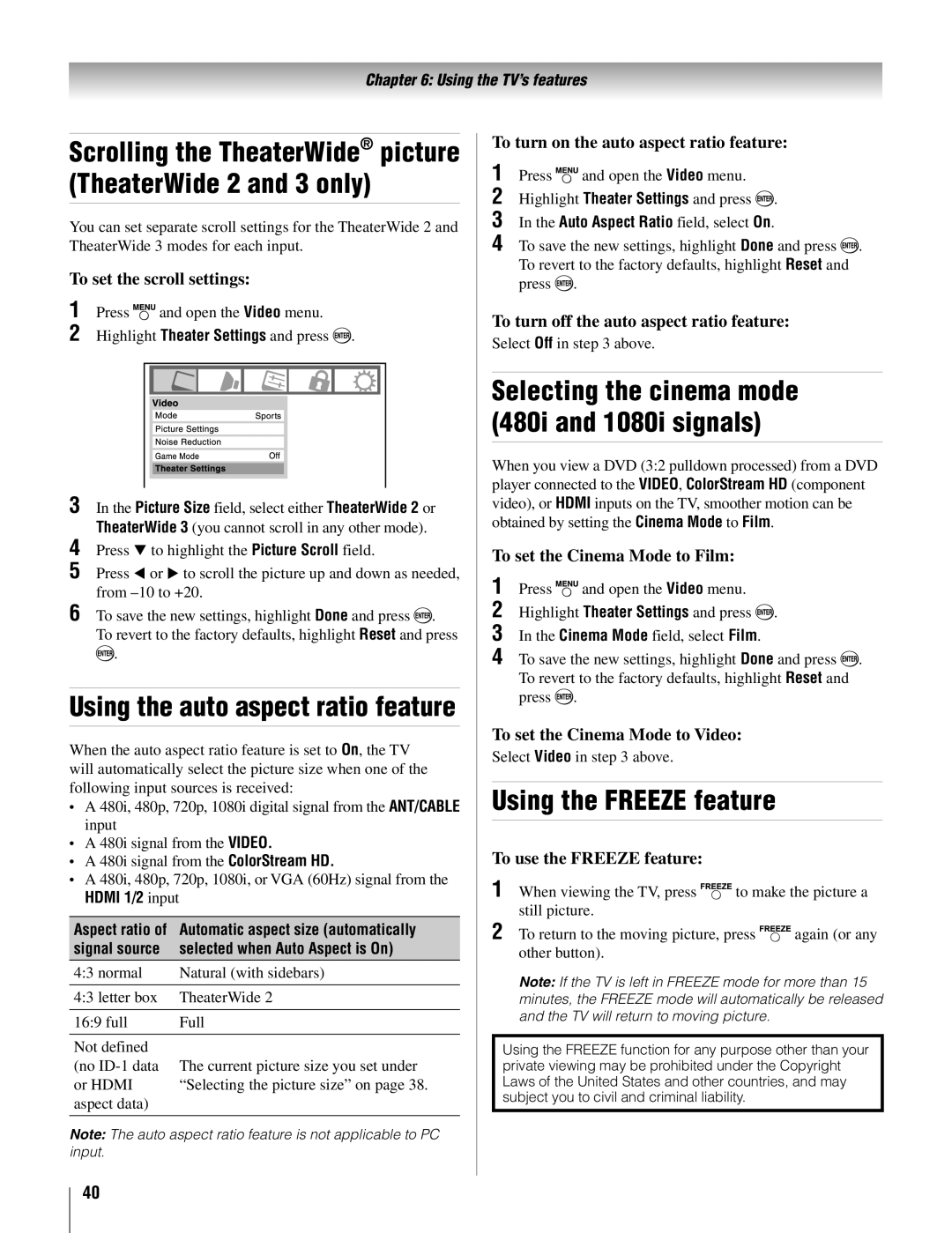 Toshiba 22AV500U owner manual Using the Freeze feature, Using the auto aspect ratio feature 