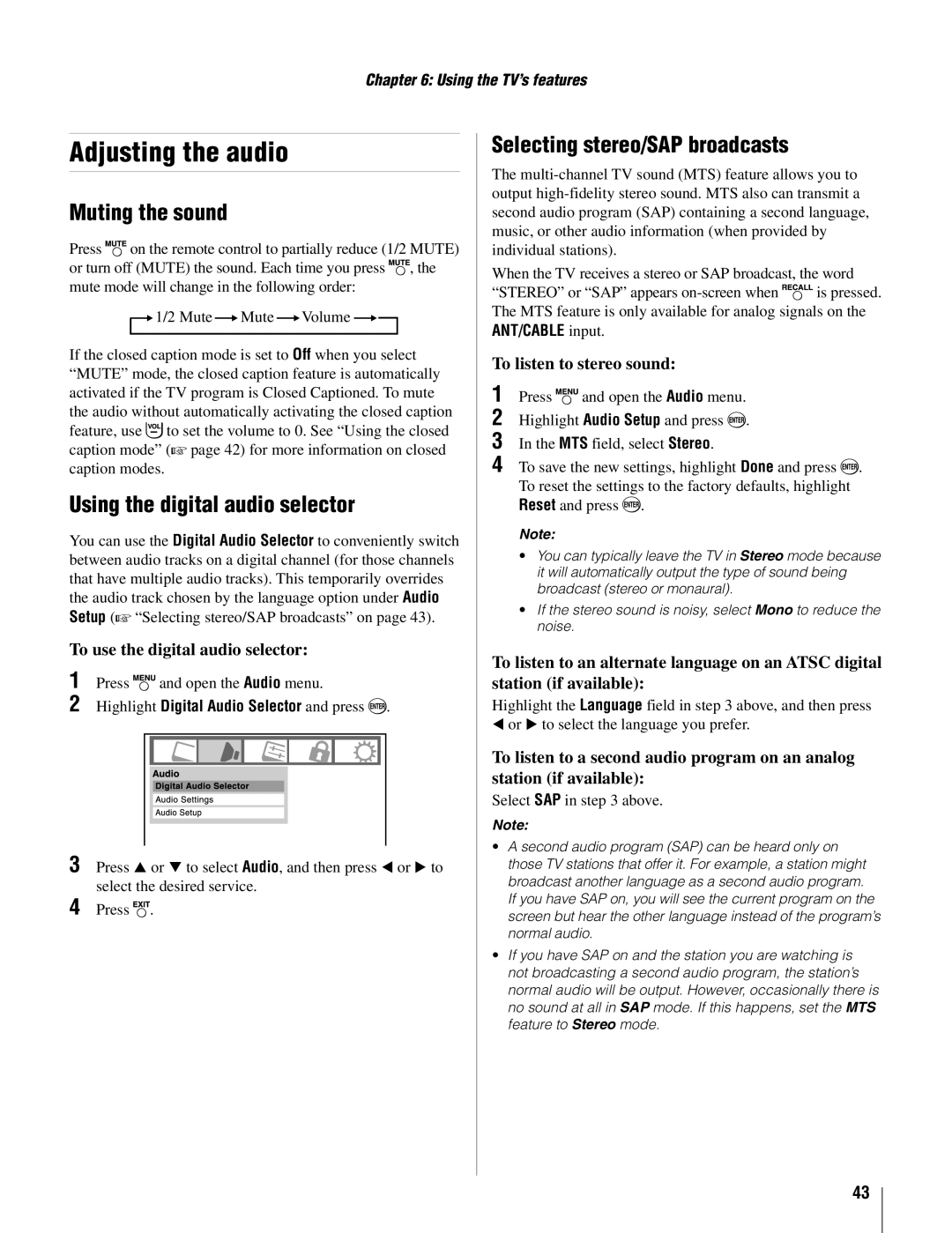 Toshiba 22AV500U Adjusting the audio, Muting the sound, Using the digital audio selector, Selecting stereo/SAP broadcasts 