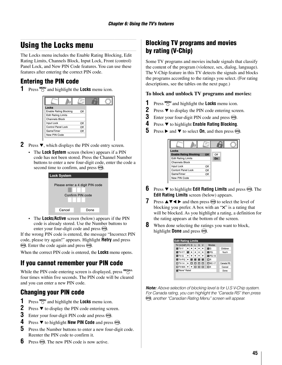 Toshiba 22AV500U Using the Locks menu, Entering the PIN code, If you cannot remember your PIN code, Changing your PIN code 