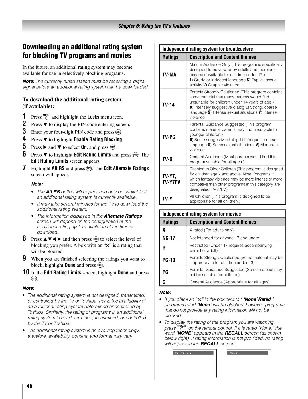 Toshiba 22AV500U owner manual To download the additional rating system if available 