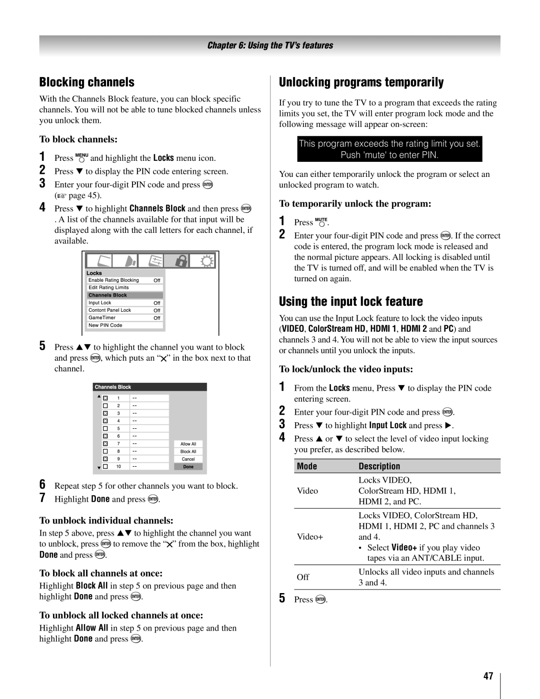 Toshiba 22AV500U owner manual Blocking channels, Unlocking programs temporarily, Using the input lock feature 