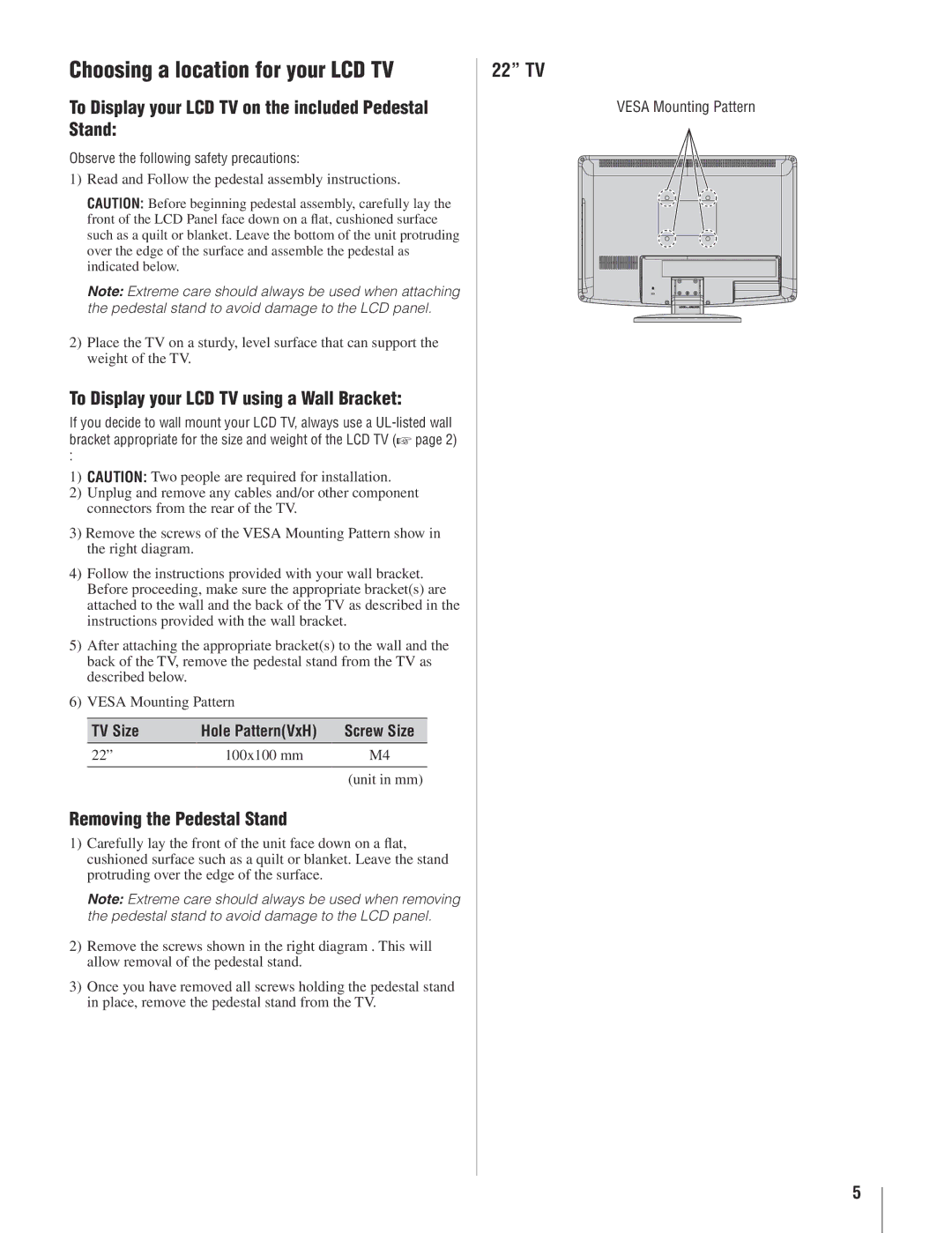 Toshiba 22AV500U owner manual Choosing a location for your LCD TV, To Display your LCD TV on the included Pedestal Stand 