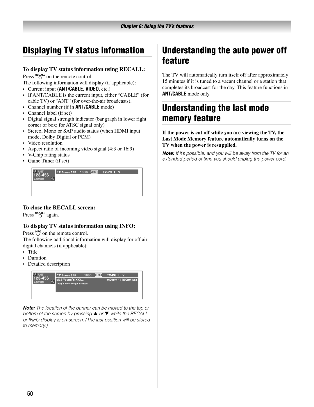 Toshiba 22AV500U owner manual Understanding the auto power off feature, Understanding the last mode memory feature 