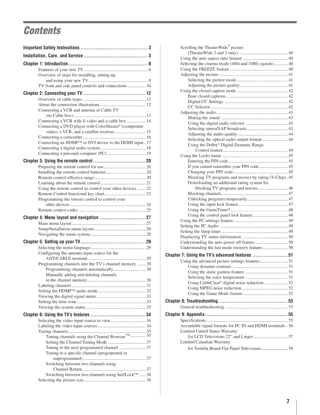 Toshiba 22AV500U owner manual Contents 