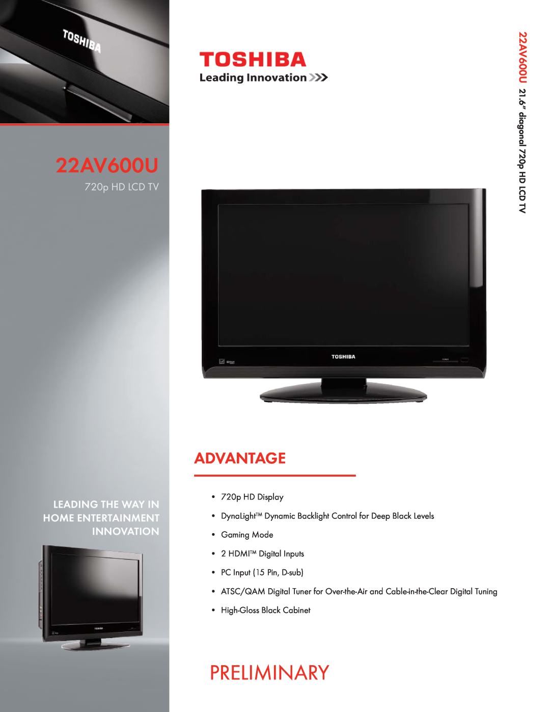 Toshiba manual Preliminary, Advantage, 22AV600U26AV502U, 720p HD LCD TV with CineSpeed 