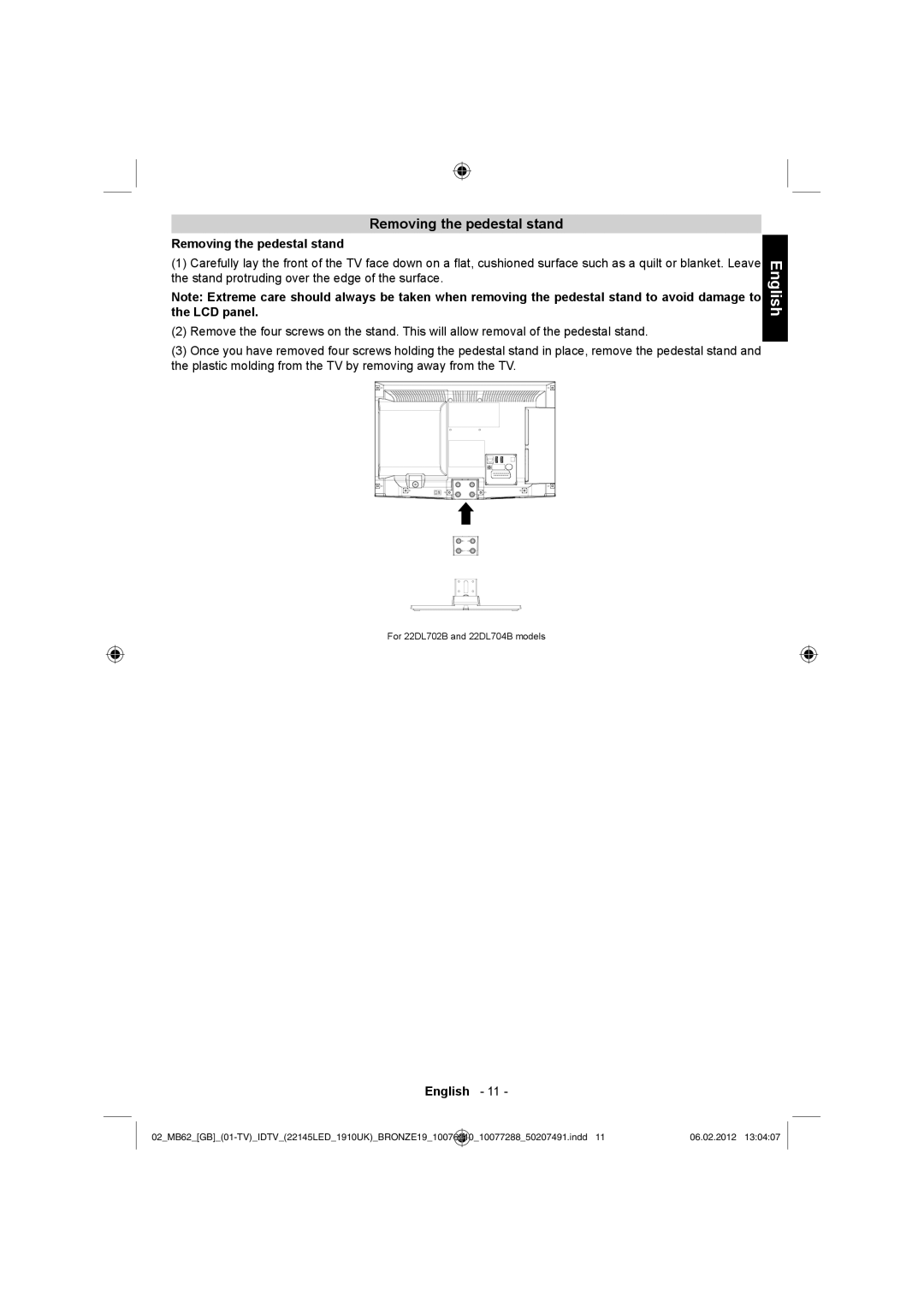 Toshiba 22DL702B, 22DL704B owner manual Removing the pedestal stand 