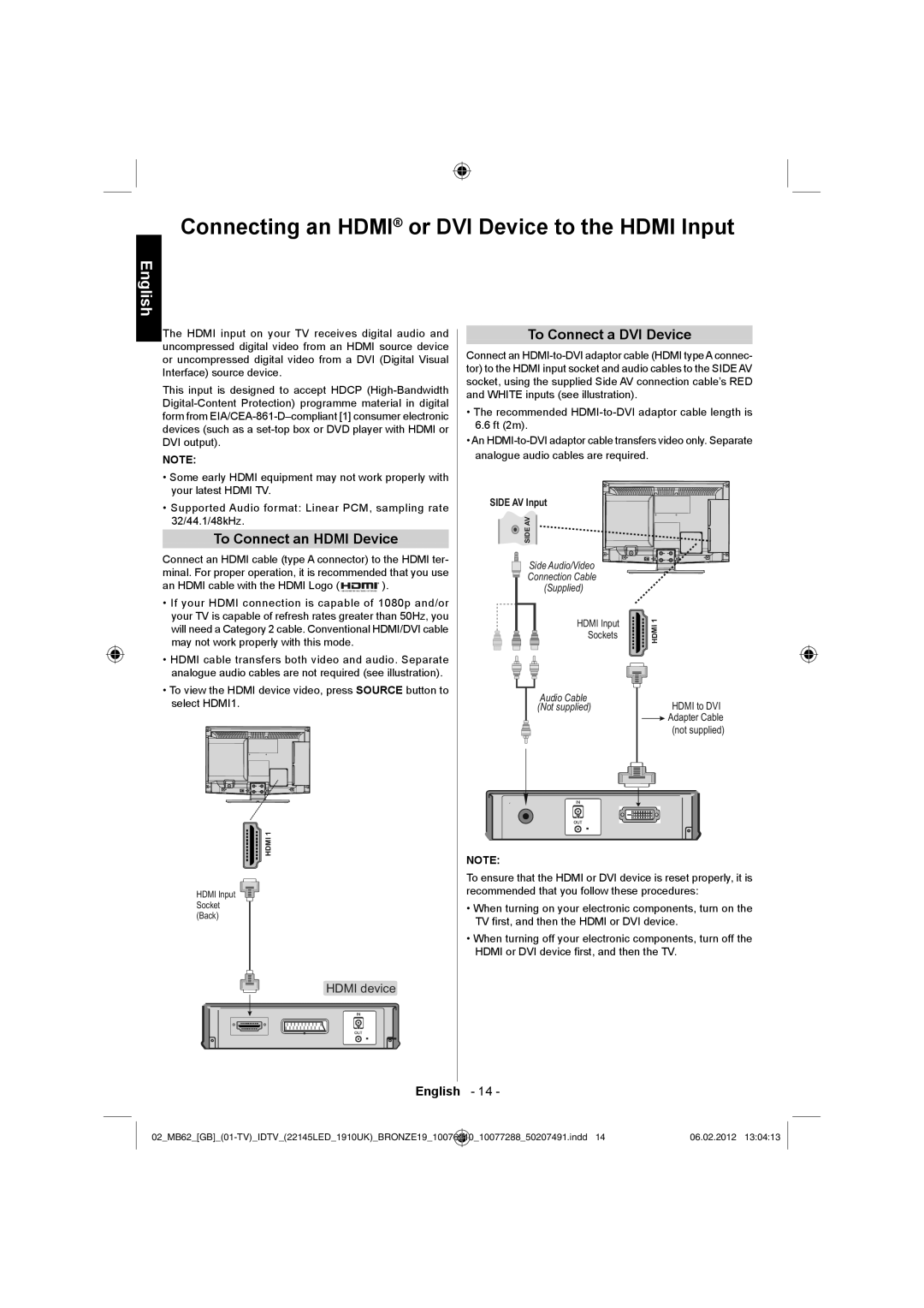 Toshiba 22DL704B Connecting an Hdmi or DVI Device to the Hdmi Input, To Connect an Hdmi Device, To Connect a DVI Device 