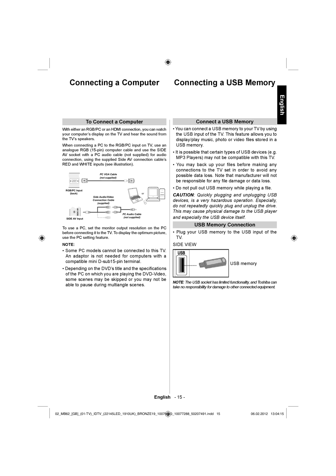 Toshiba 22DL702B, 22DL704B Connecting a Computer Connecting a USB Memory, To Connect a Computer, Connect a USB Memory 