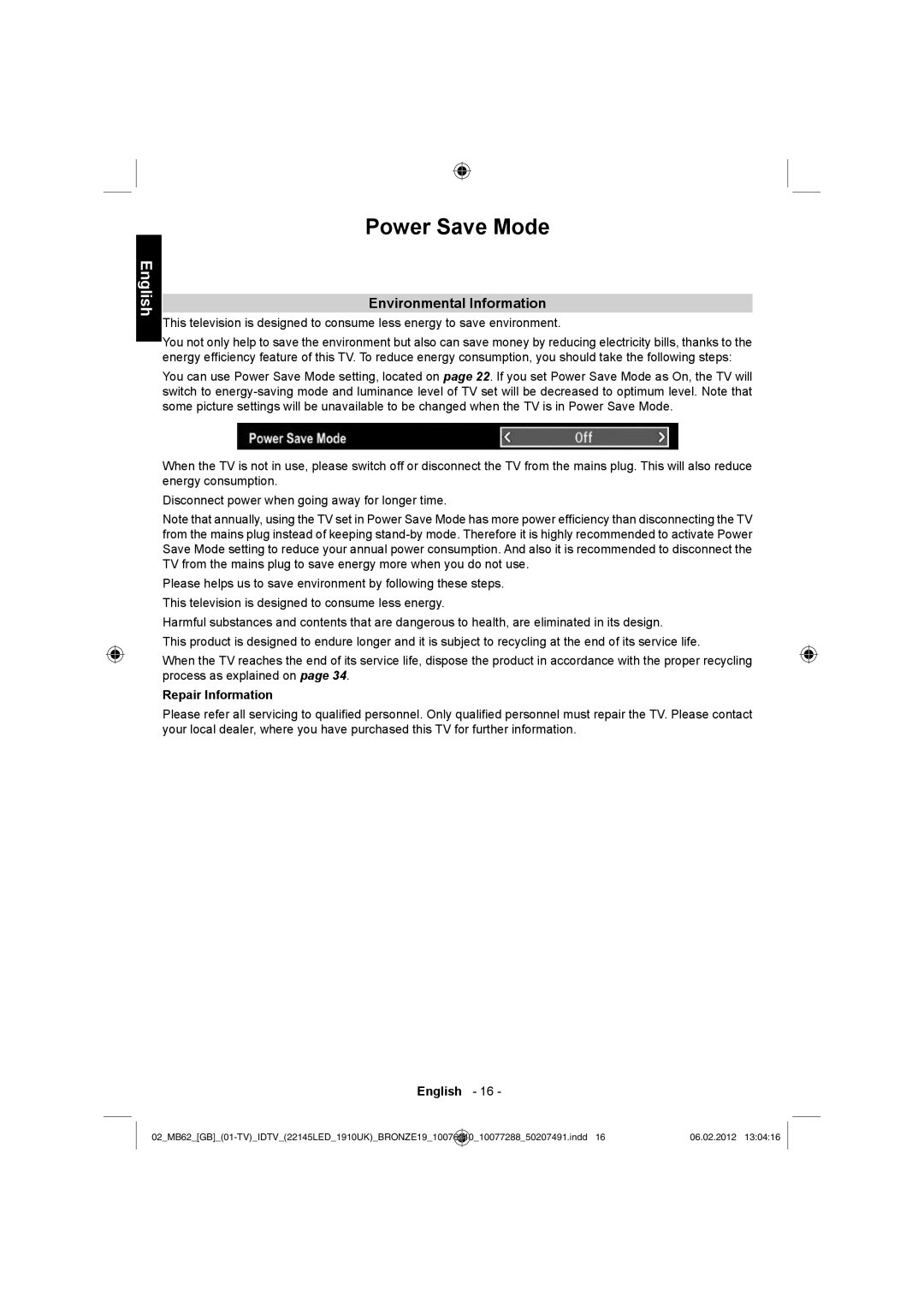 Toshiba 22DL704B, 22DL702B owner manual Power Save Mode, Environmental Information, Repair Information 