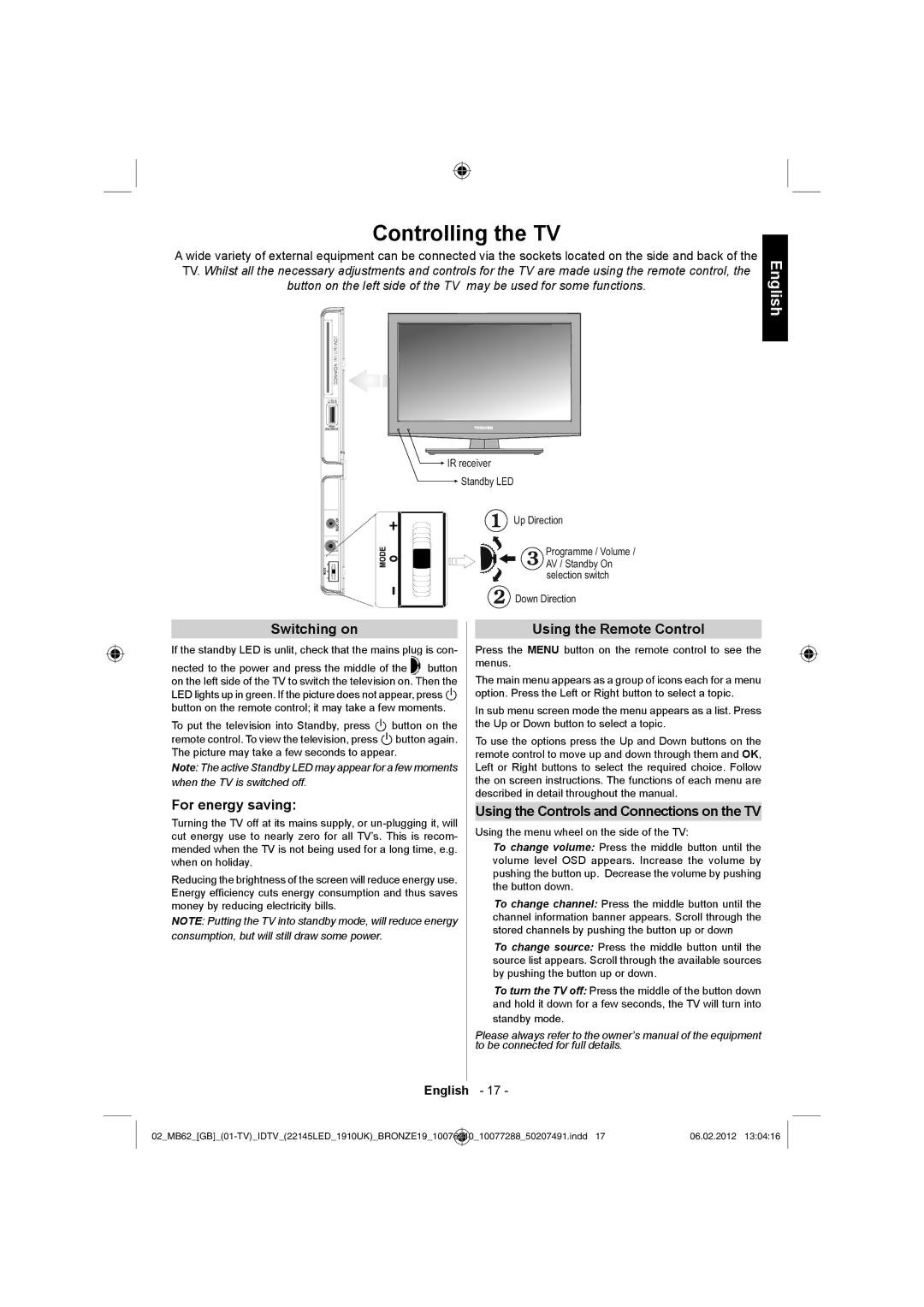 Toshiba 22DL702B, 22DL704B owner manual Controlling the TV, Switching on, For energy saving, Using the Remote Control 