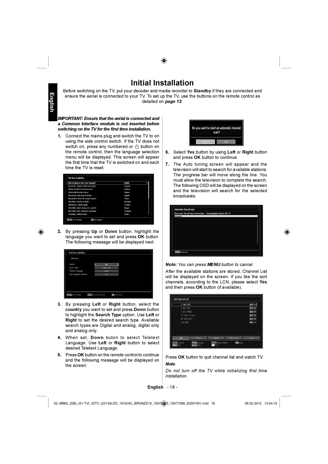 Toshiba 22DL704B, 22DL702B owner manual Initial Installation 