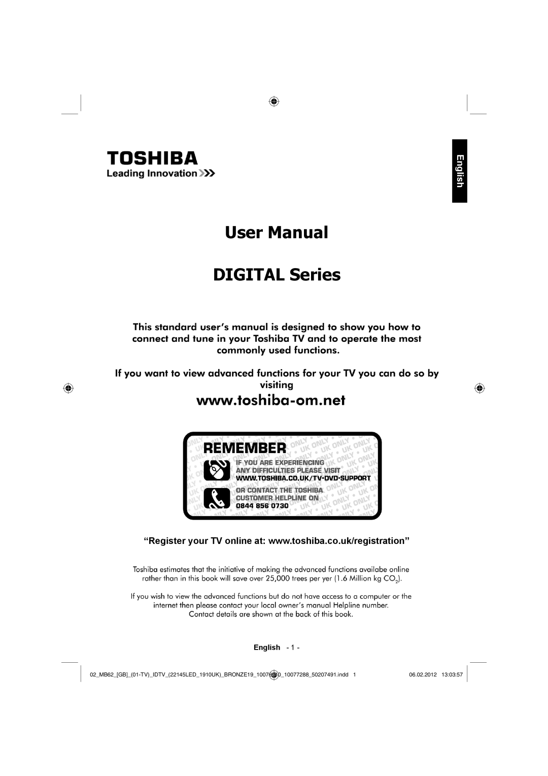 Toshiba 22DL702B, 22DL704B owner manual Digital Series, English 