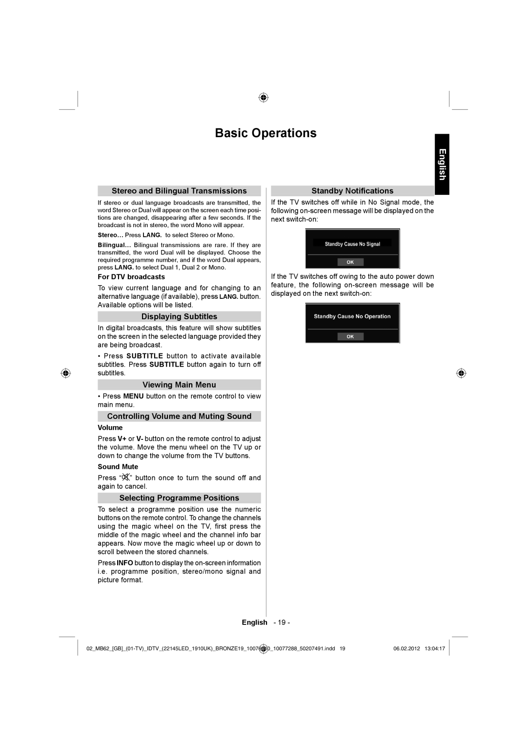 Toshiba 22DL702B, 22DL704B owner manual Basic Operations 