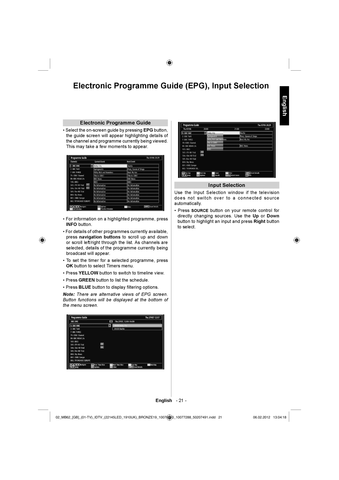 Toshiba 22DL702B, 22DL704B owner manual Electronic Programme Guide EPG, Input Selection 