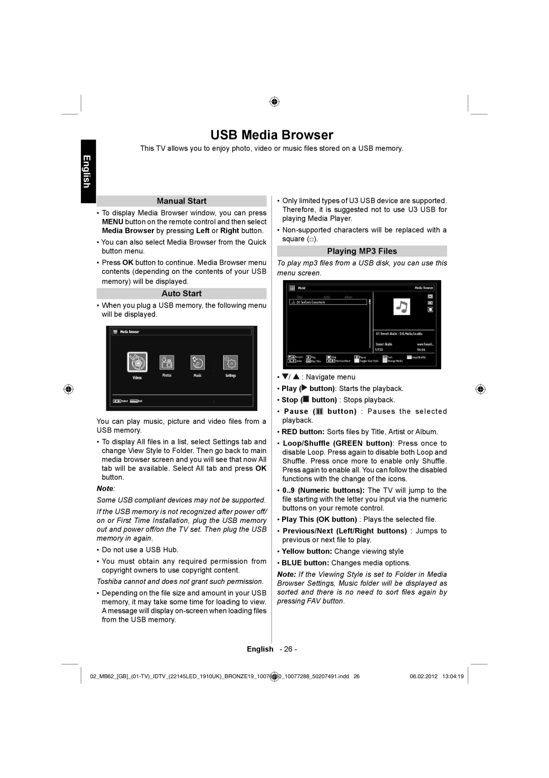 Toshiba 22DL704B, 22DL702B owner manual USB Media Browser, Manual Start, Auto Start, Playing MP3 Files 