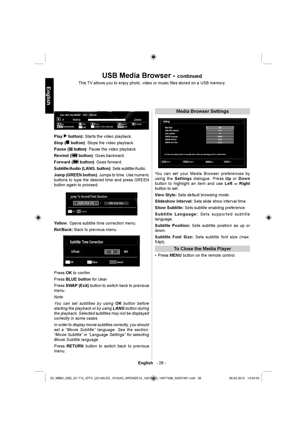 Toshiba 22DL704B, 22DL702B owner manual Media Browser Settings, To Close the Media Player 