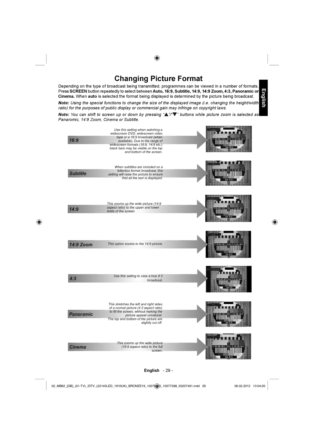 Toshiba 22DL702B, 22DL704B owner manual Changing Picture Format, Subtitle 149 Zoom Panoramic Cinema 