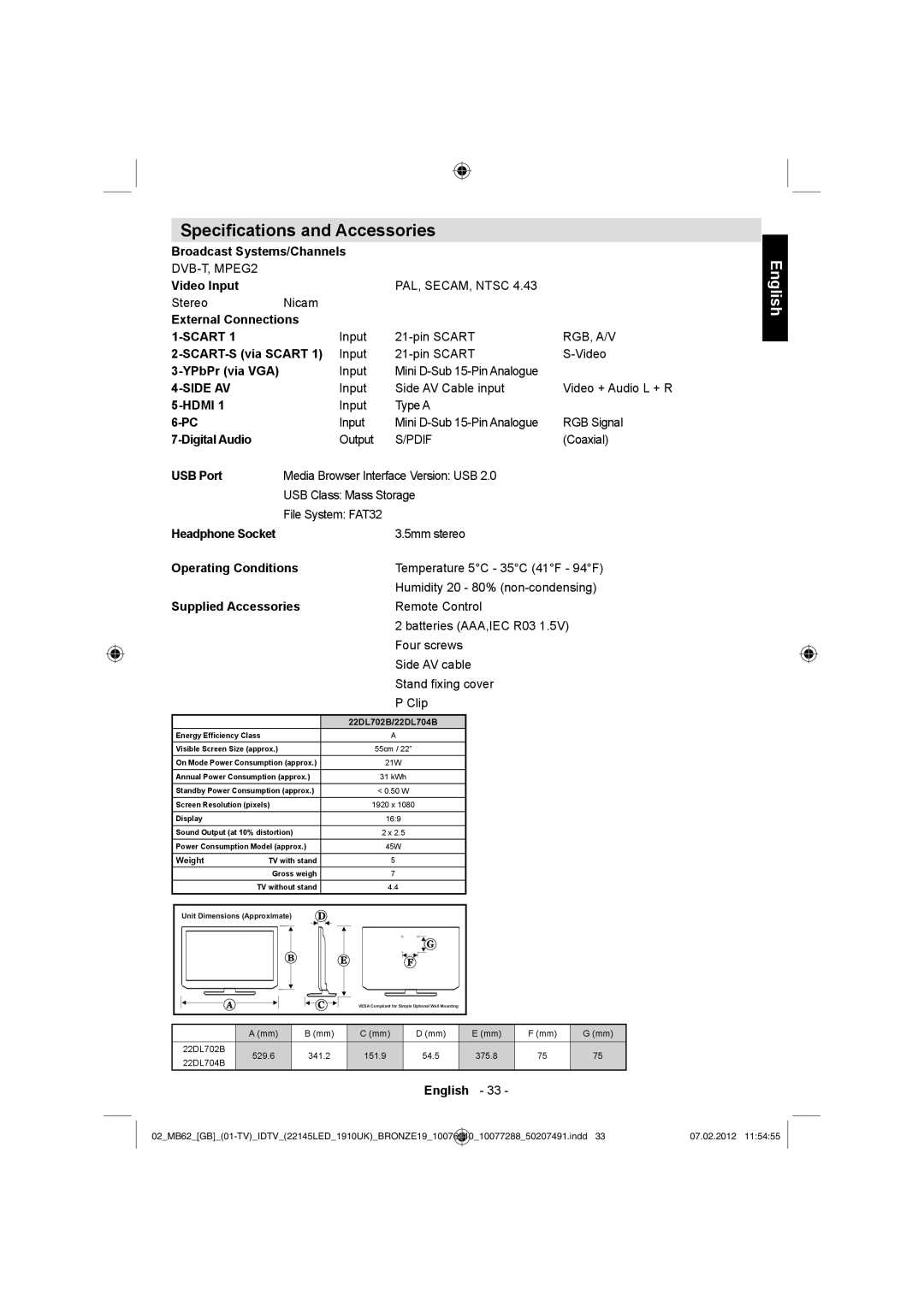 Toshiba 22DL702B, 22DL704B owner manual Speciﬁcations and Accessories 