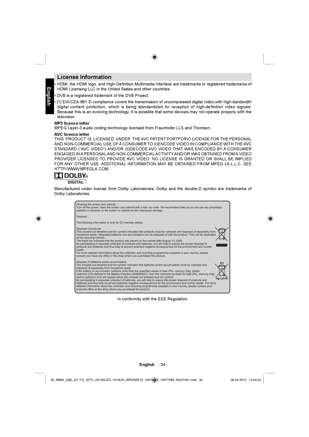 Toshiba 22DL704B, 22DL702B owner manual License Information, MP3 licence letter, AVC licence letter 