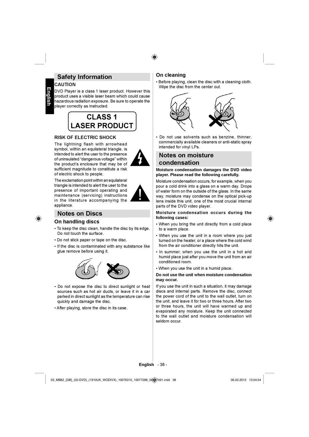 Toshiba 22DL704B, 22DL702B Safety Information, Condensation, Moisture condensation occurs during the following cases 