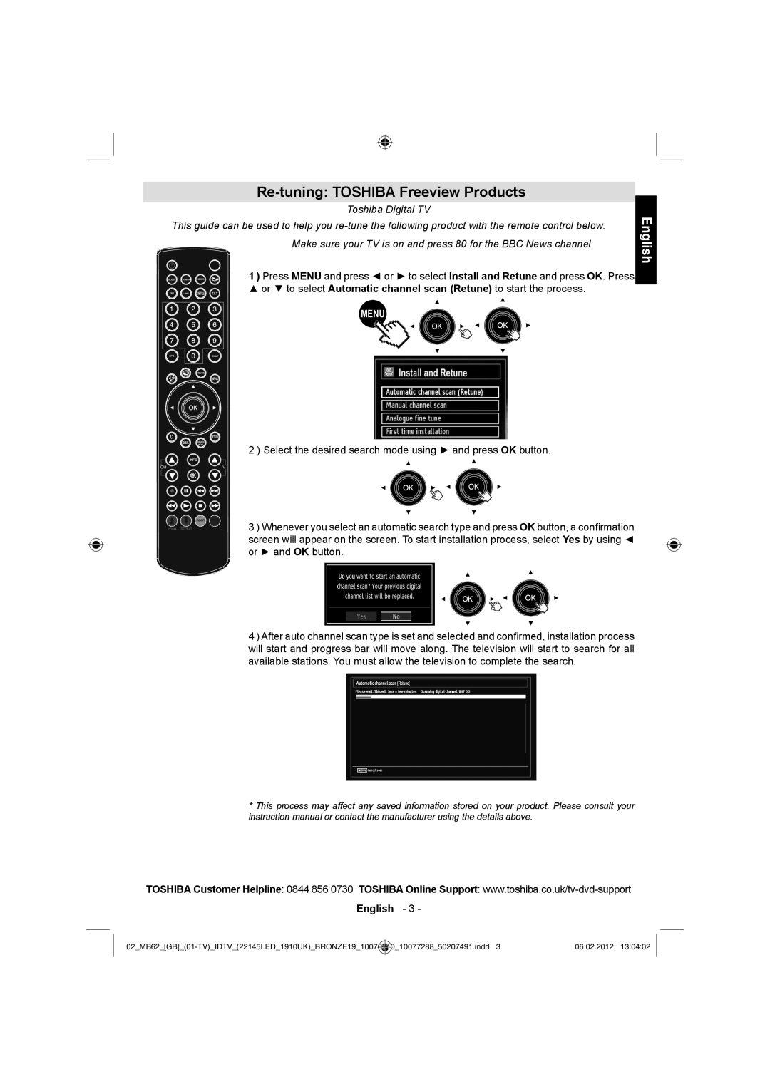 Toshiba 22DL702B, 22DL704B owner manual Re-tuning Toshiba Freeview Products, Toshiba Digital TV 