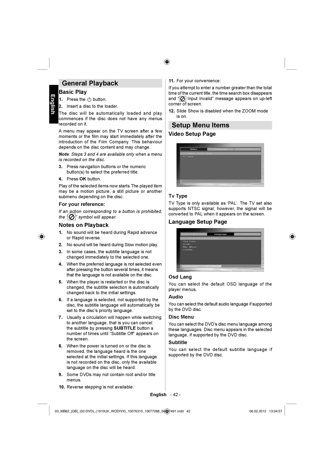 Toshiba 22DL704B, 22DL702B owner manual General Playback, Setup Menu Items 