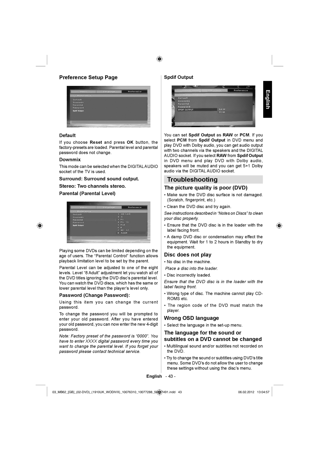 Toshiba 22DL702B, 22DL704B owner manual Troubleshooting, Default, Downmix, Password Change Password, Spdif Output 