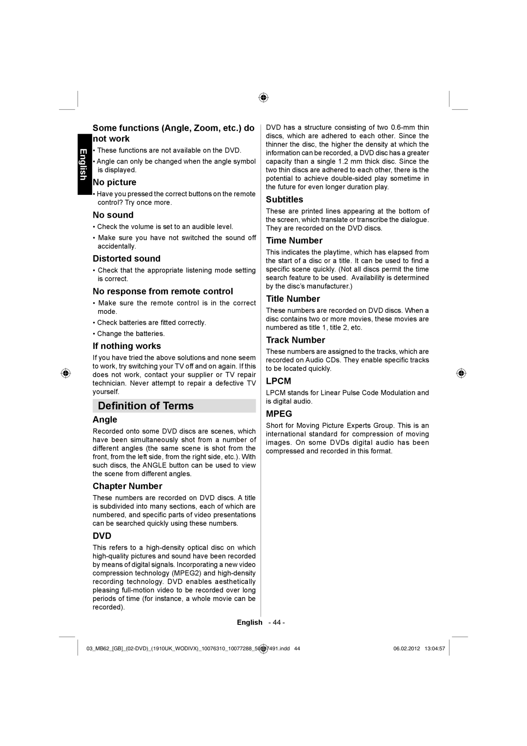 Toshiba 22DL704B, 22DL702B owner manual Deﬁnition of Terms, Some functions Angle, Zoom, etc. do not work 