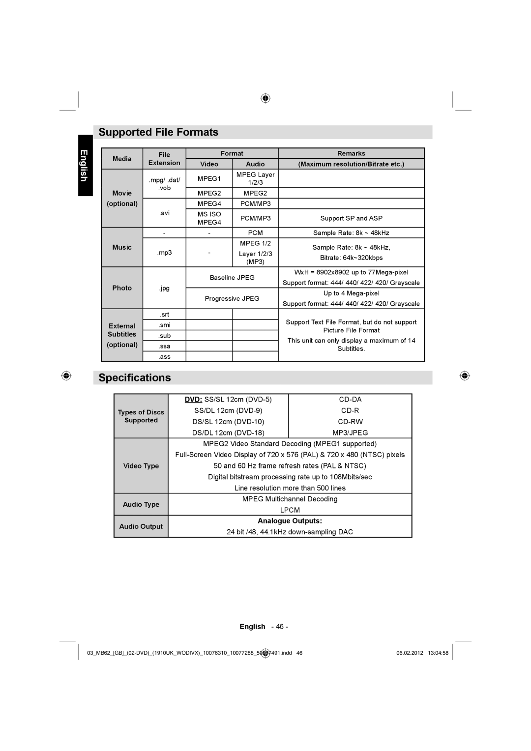 Toshiba 22DL704B, 22DL702B owner manual Supported File Formats, Speciﬁcations 