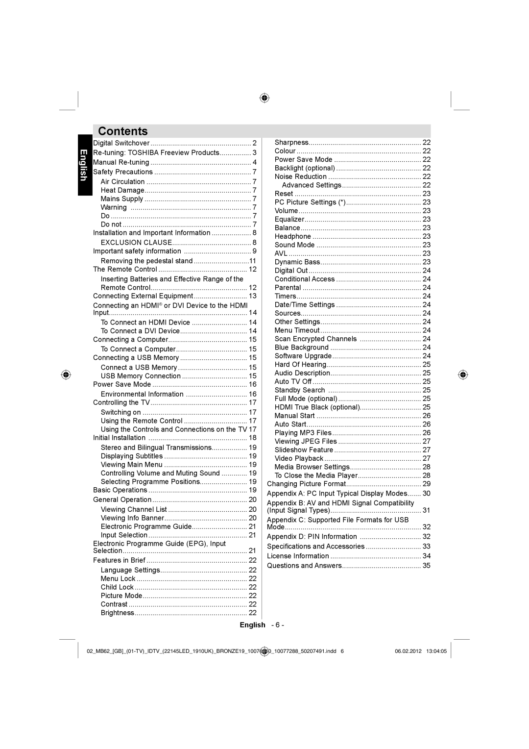 Toshiba 22DL704B, 22DL702B owner manual Contents 