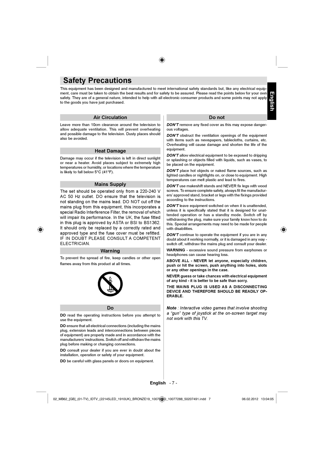 Toshiba 22DL702B, 22DL704B owner manual Safety Precautions, Air Circulation, Heat Damage, Mains Supply, Do not 