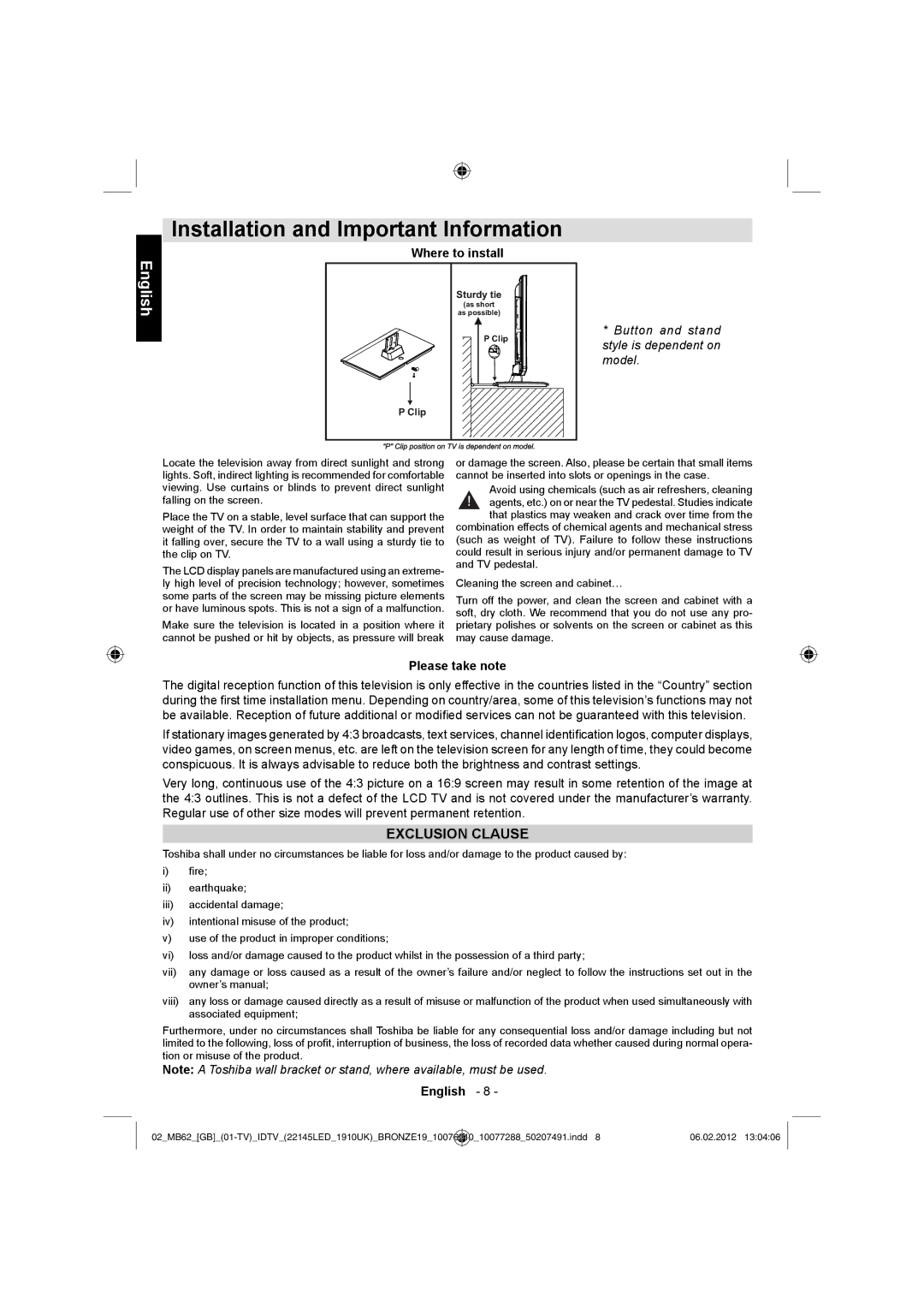 Toshiba 22DL704B, 22DL702B owner manual Installation and Important Information, Please take note 