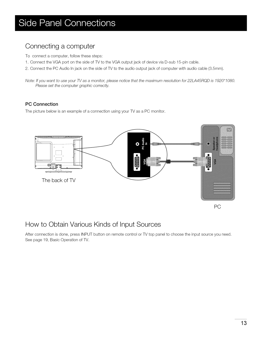 Toshiba 22LA45RQD manual Connecting a computer, How to Obtain Various Kinds of Input Sources, Back of TV, PC Connection 