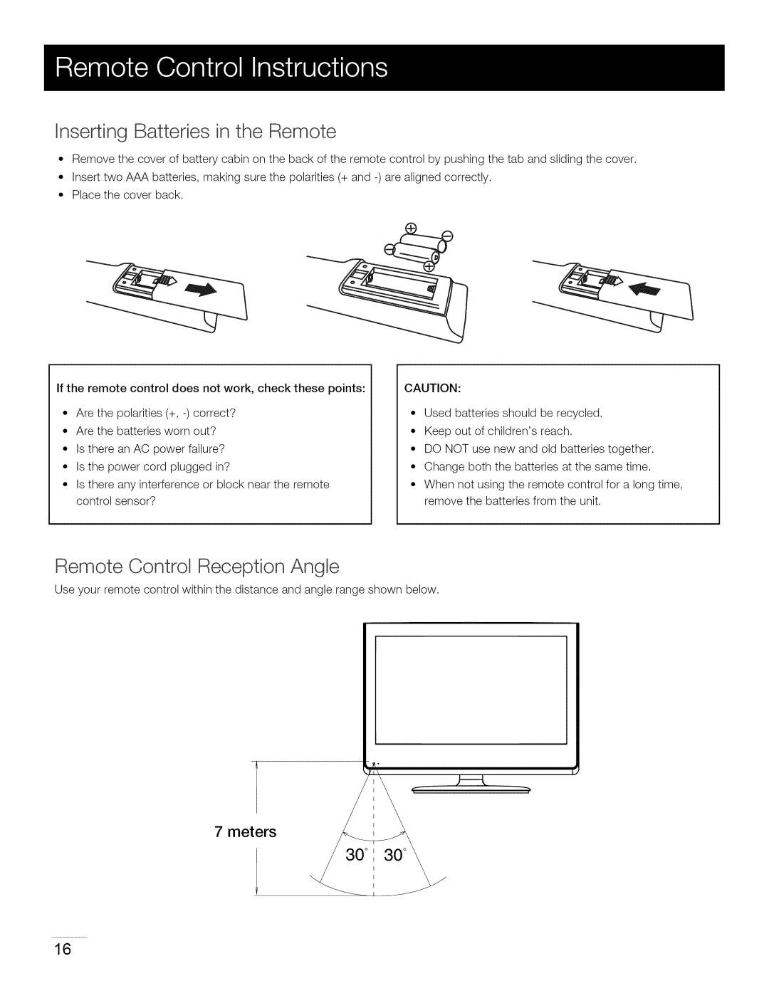 Toshiba 22LA45RQD manual Remote Control Reception Angle, Meters 