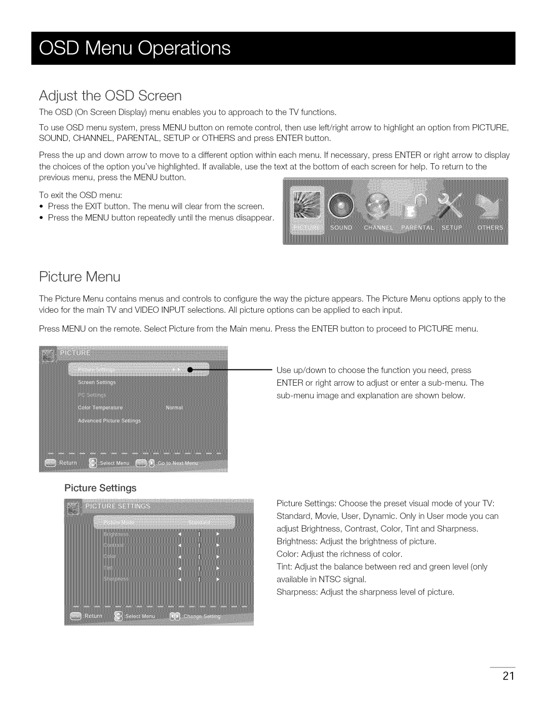 Toshiba 22LA45RQD manual Adjust the OSD Screen, Picture Menu, Picture Settings 