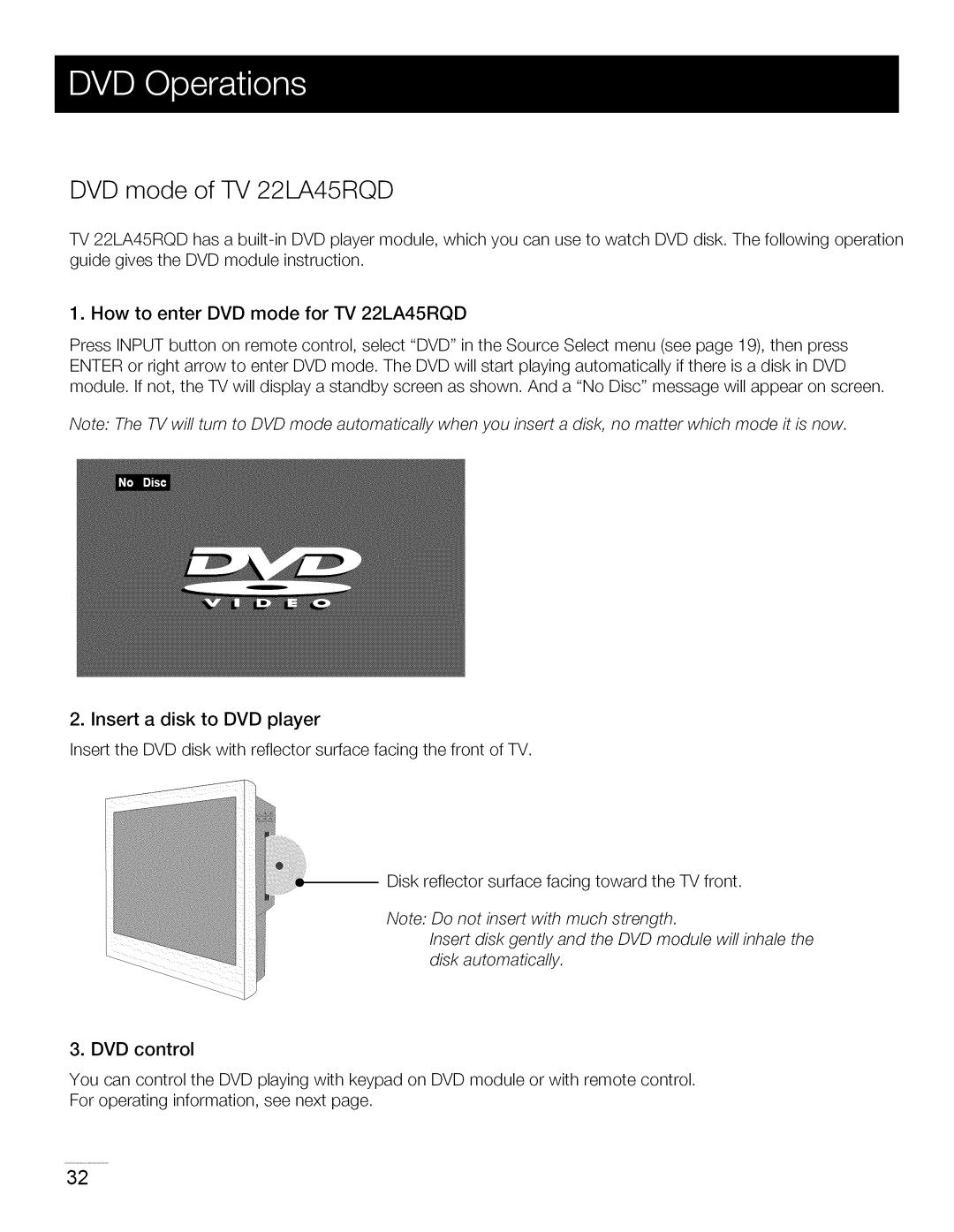 Toshiba manual DVD mode of TV 22LA45RQD, How to enter DVD mode for TV 22LA45RQD 