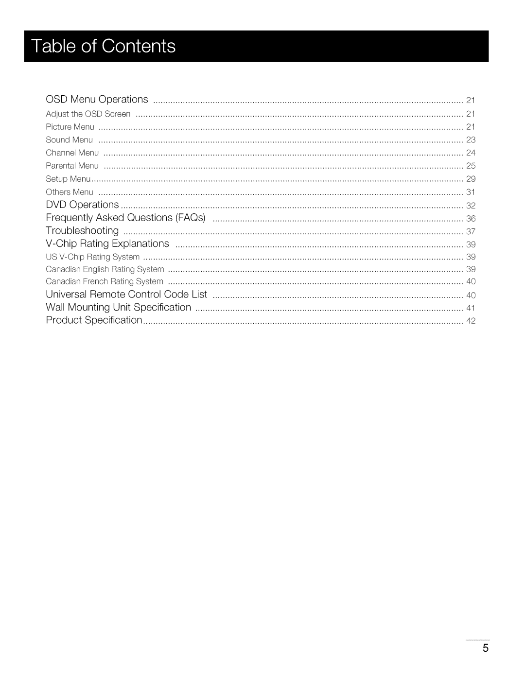 Toshiba 22LA45RQD manual OSD Menu, Specification 