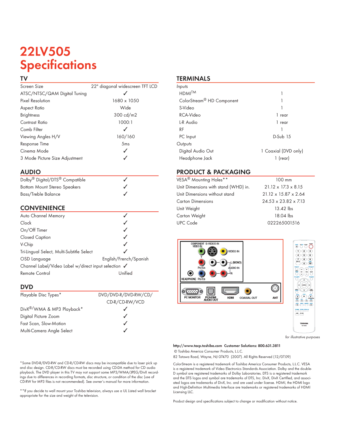 Toshiba 22LV505 manual Audio, Convenience, Dvd, Terminals, Product & Packaging 
