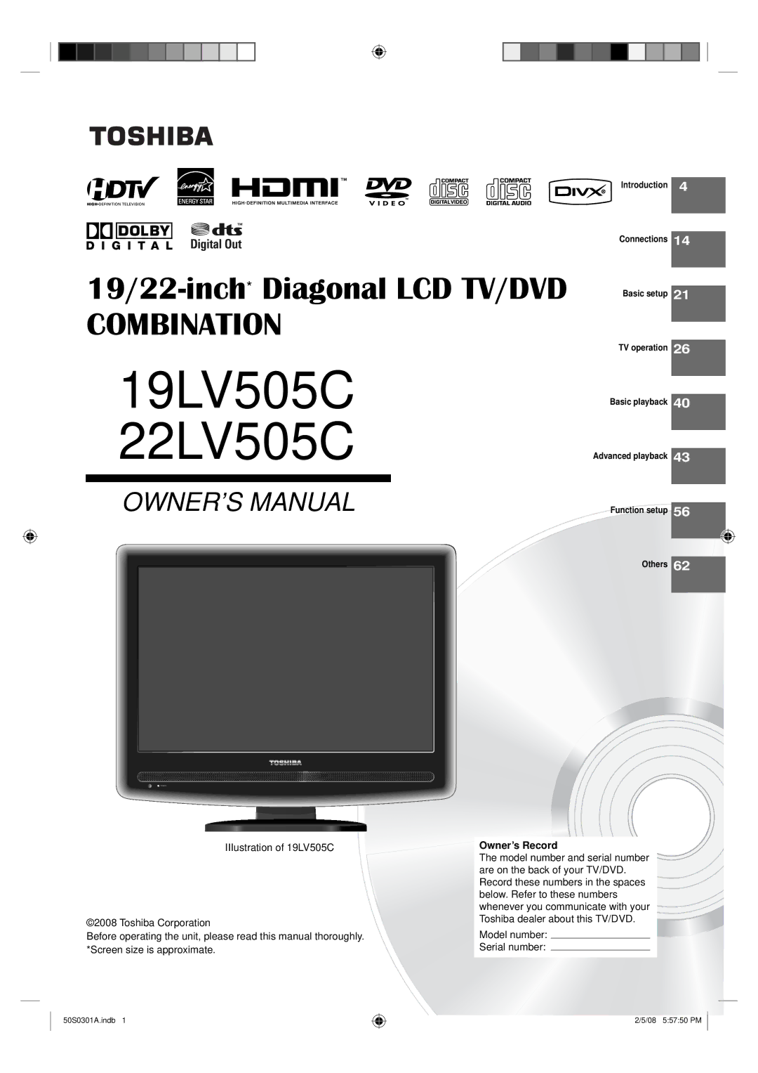 Toshiba owner manual 19LV505C 22LV505C, Ownerʼs Record 