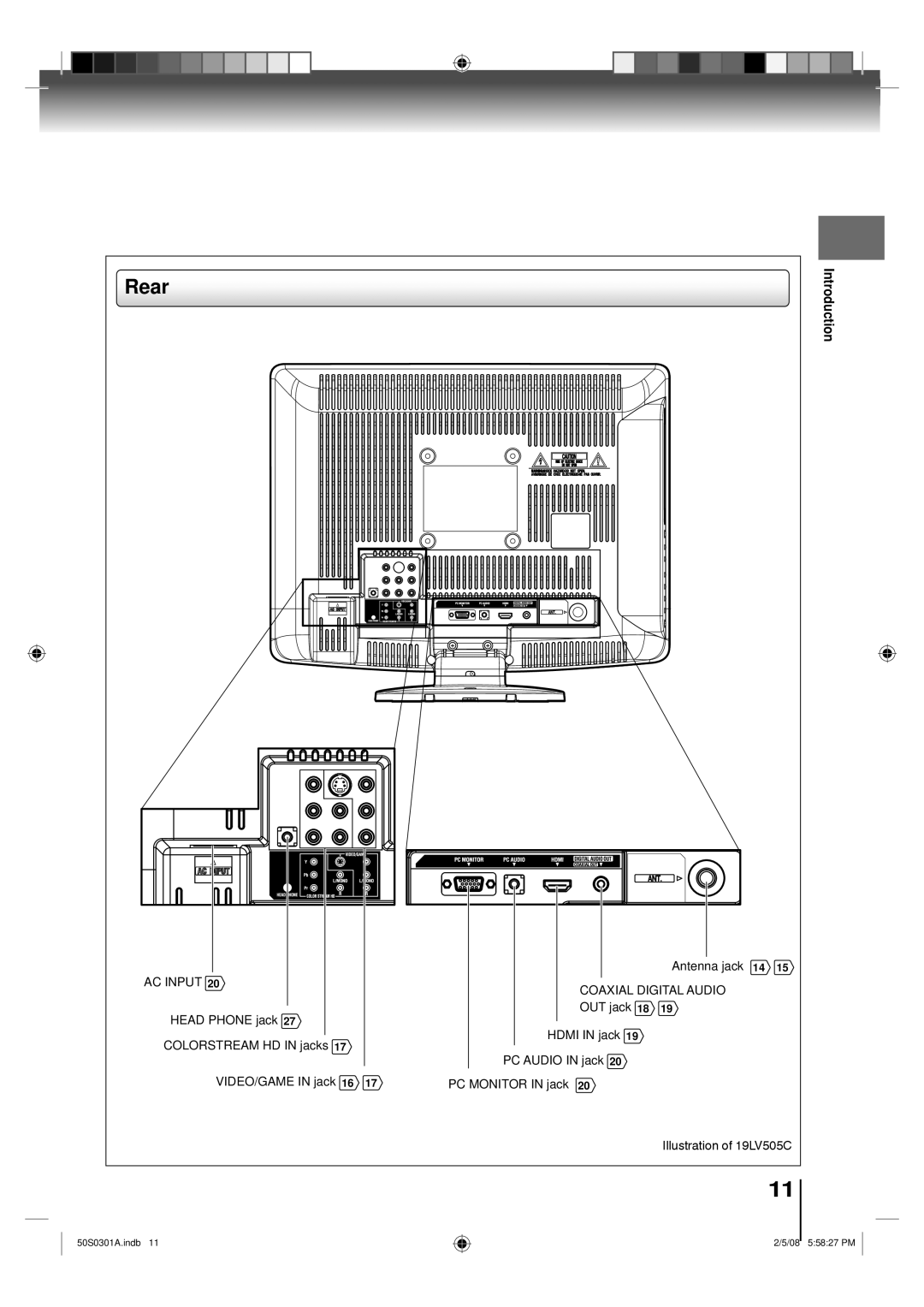 Toshiba 19LV505C, 22LV505C owner manual Rear, Antenna jack 