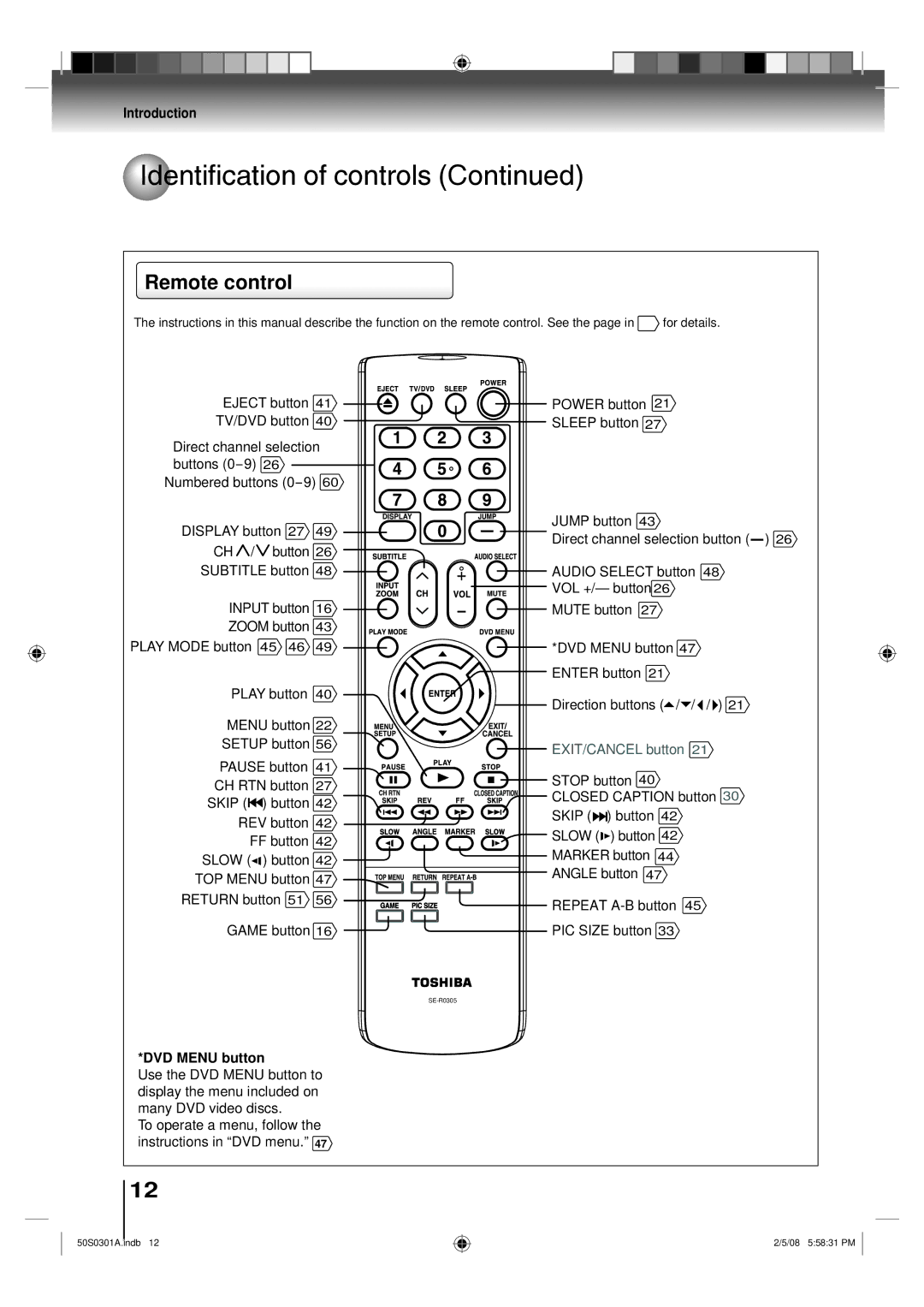 Toshiba 22LV505C, 19LV505C owner manual Remote control, DVD Menu button 