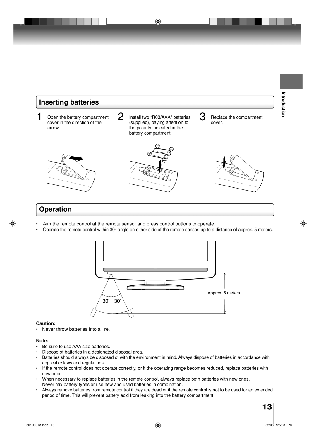 Toshiba 19LV505C, 22LV505C owner manual Inserting batteries, Operation 