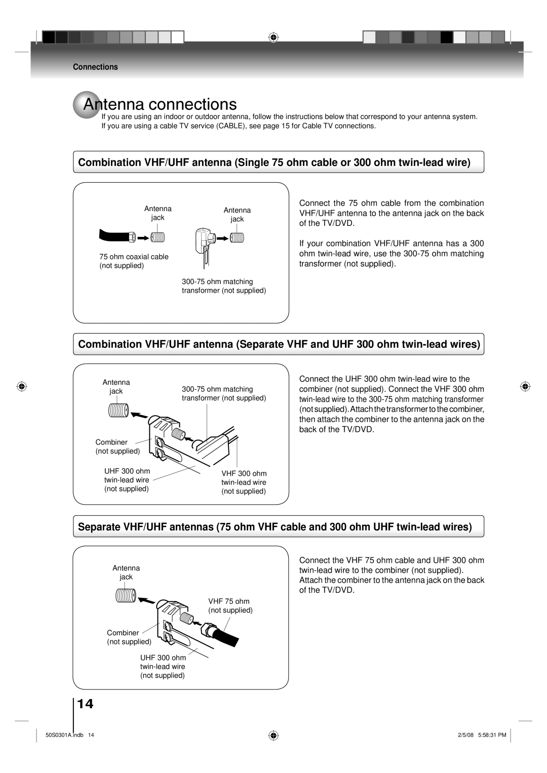 Toshiba 22LV505C, 19LV505C owner manual Antenna connections 