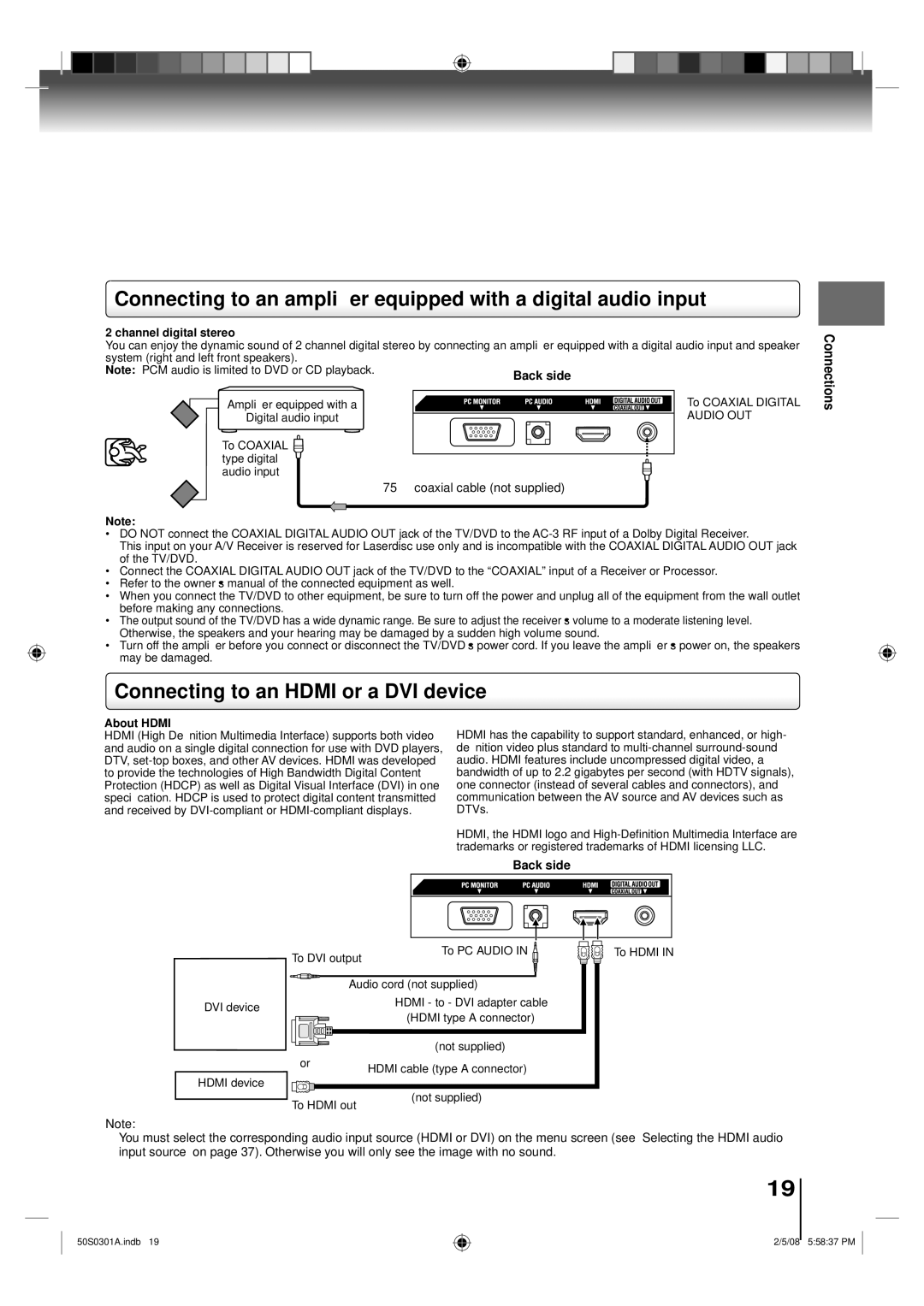 Toshiba 19LV505C, 22LV505C owner manual Connecting to an Hdmi or a DVI device, Channel digital stereo 