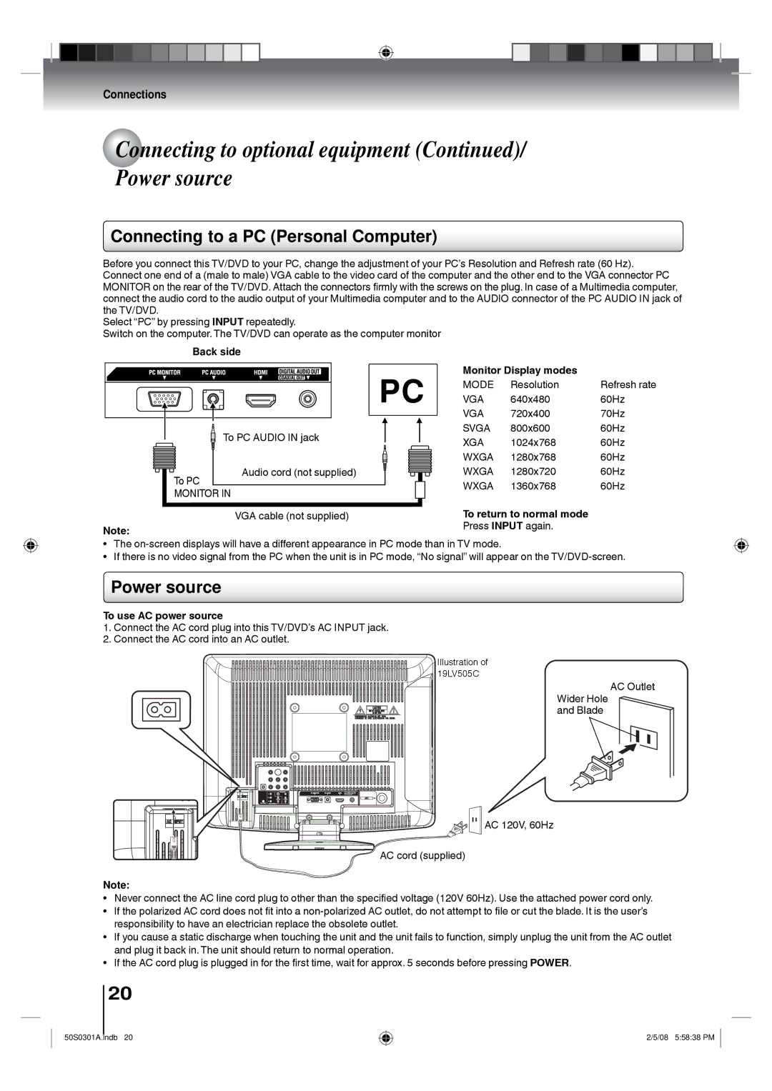 Toshiba 22LV505C, 19LV505C owner manual Connecting to optional equipment Power source, Connecting to a PC Personal Computer 