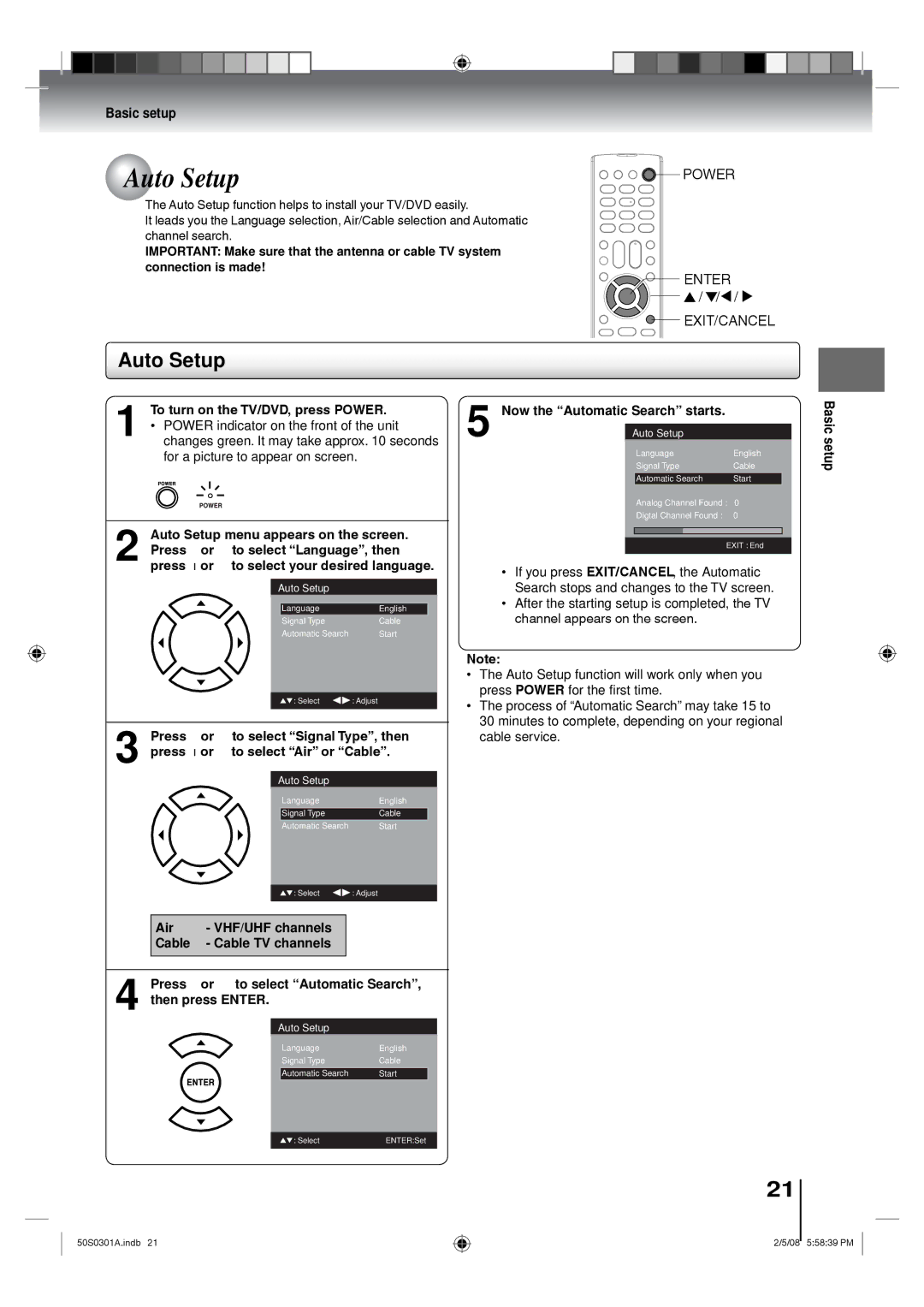 Toshiba 19LV505C, 22LV505C owner manual Auto Setup, Press or to select Signal Type, then, Press or to select Air or Cable 