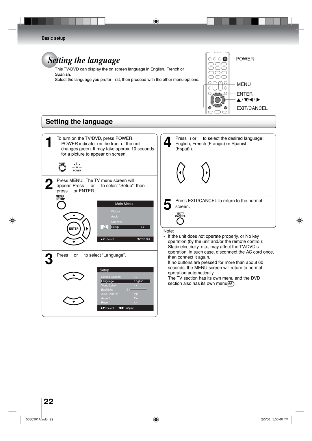 Toshiba 22LV505C, 19LV505C owner manual Setting the language, Press or to select Language 